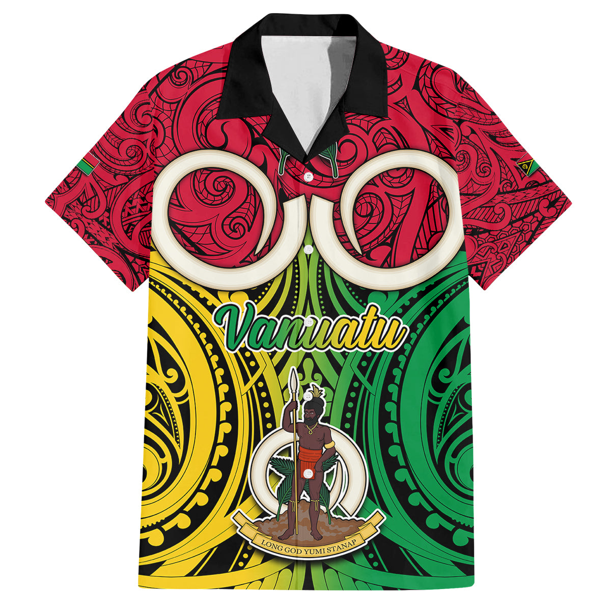 Personalised Vanuatu Family Matching Off Shoulder Long Sleeve Dress and Hawaiian Shirt Pig Tusk Mix Maori Pattern and Namele Leaf LT03 Dad's Shirt - Short Sleeve Red - Polynesian Pride
