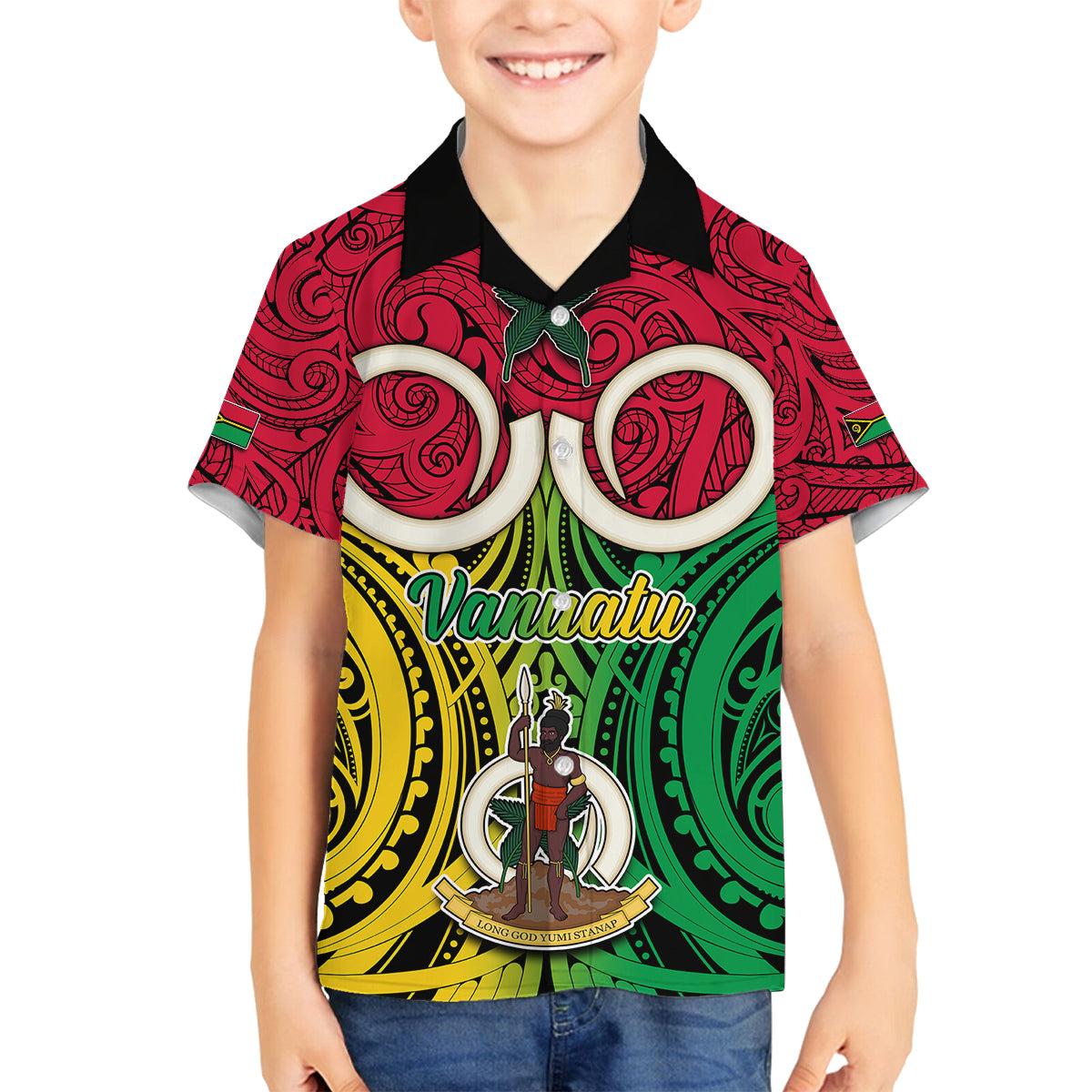 Personalised Vanuatu Family Matching Off Shoulder Maxi Dress and Hawaiian Shirt Pig Tusk Mix Maori Pattern and Namele Leaf LT03 Son's Shirt Red - Polynesian Pride