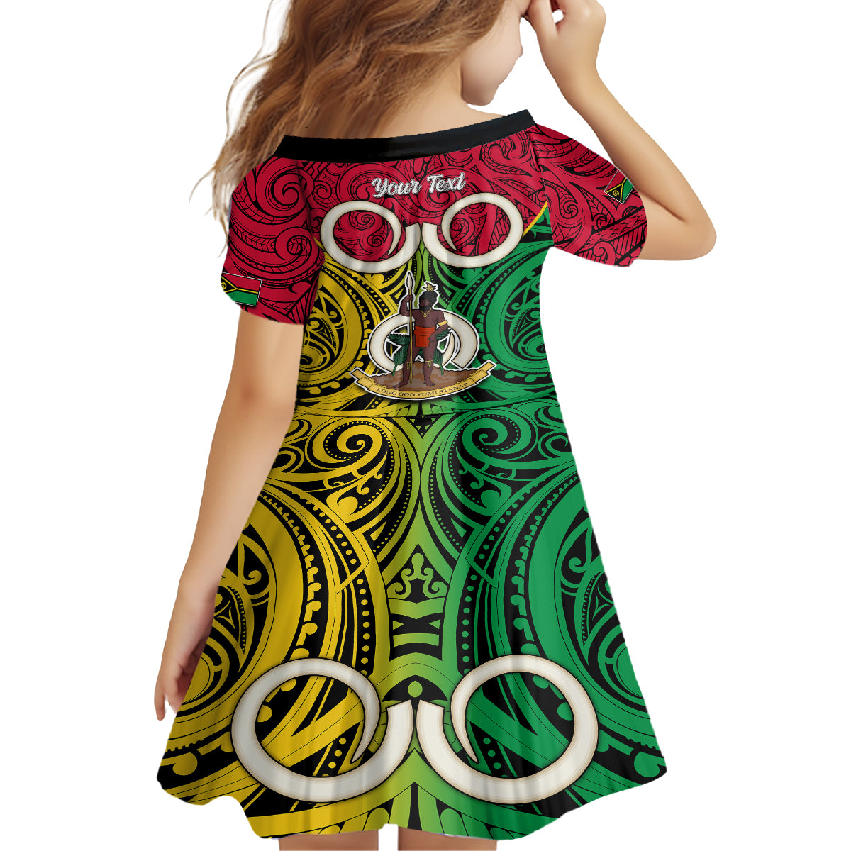 Personalised Vanuatu Kid Short Sleeve Dress Pig Tusk Mix Maori Pattern and Namele Leaf LT03 - Polynesian Pride