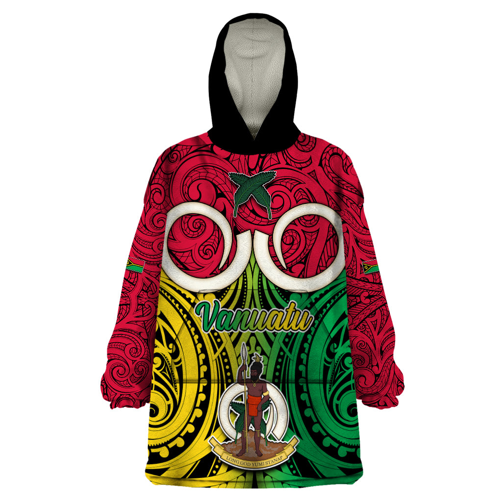 Personalised Vanuatu Wearable Blanket Hoodie Pig Tusk Mix Maori Pattern and Namele Leaf LT03 One Size Red - Polynesian Pride