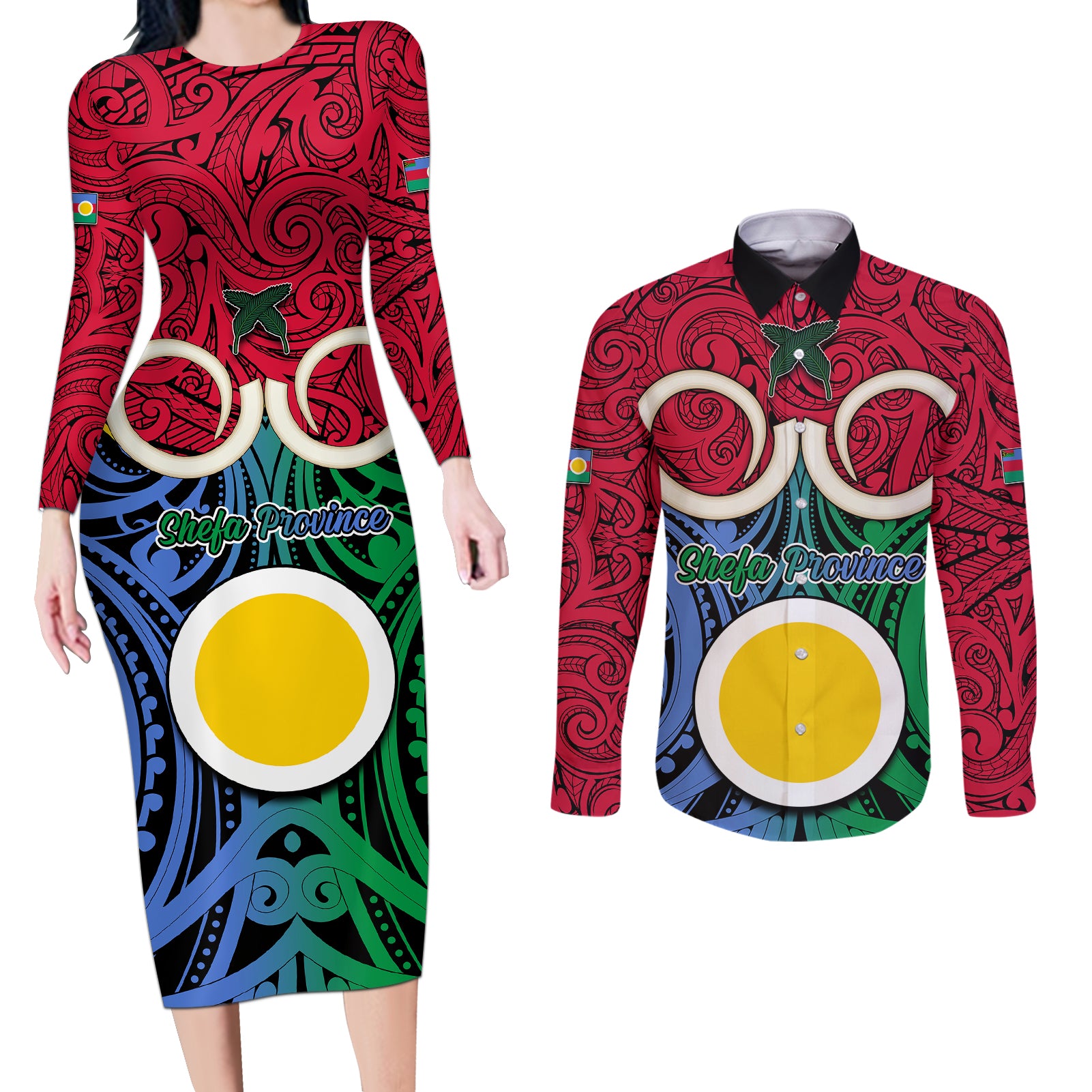 Vanuatu Shefa Province Couples Matching Long Sleeve Bodycon Dress and Long Sleeve Button Shirts Pig Tusk Mix Maori Pattern and Namele Leaf LT03 Red - Polynesian Pride