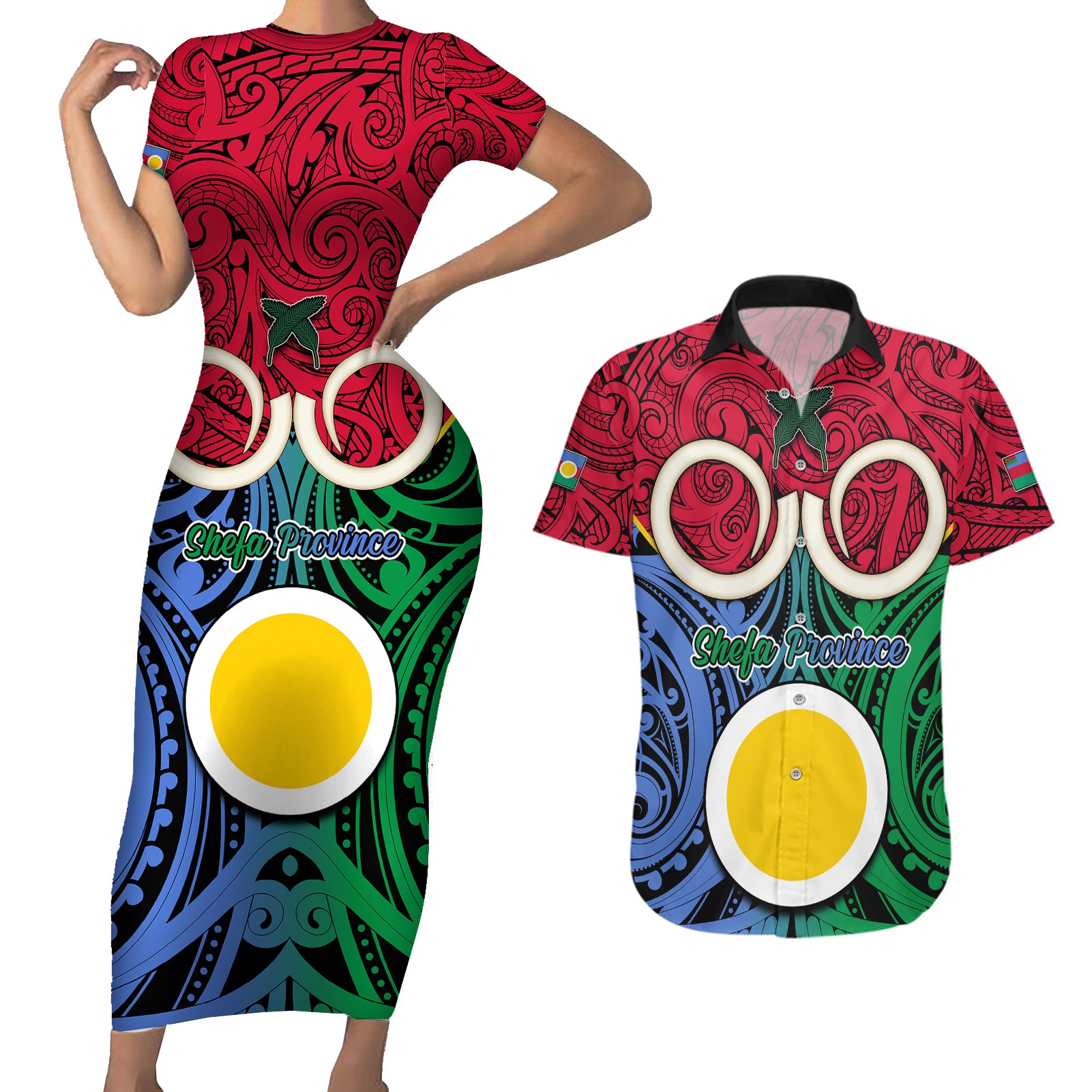 Vanuatu Shefa Province Couples Matching Short Sleeve Bodycon Dress and Hawaiian Shirt Pig Tusk Mix Maori Pattern and Namele Leaf LT03 Red - Polynesian Pride