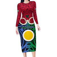 Vanuatu Shefa Province Family Matching Long Sleeve Bodycon Dress and Hawaiian Shirt Pig Tusk Mix Maori Pattern and Namele Leaf LT03 Mom's Dress Red - Polynesian Pride