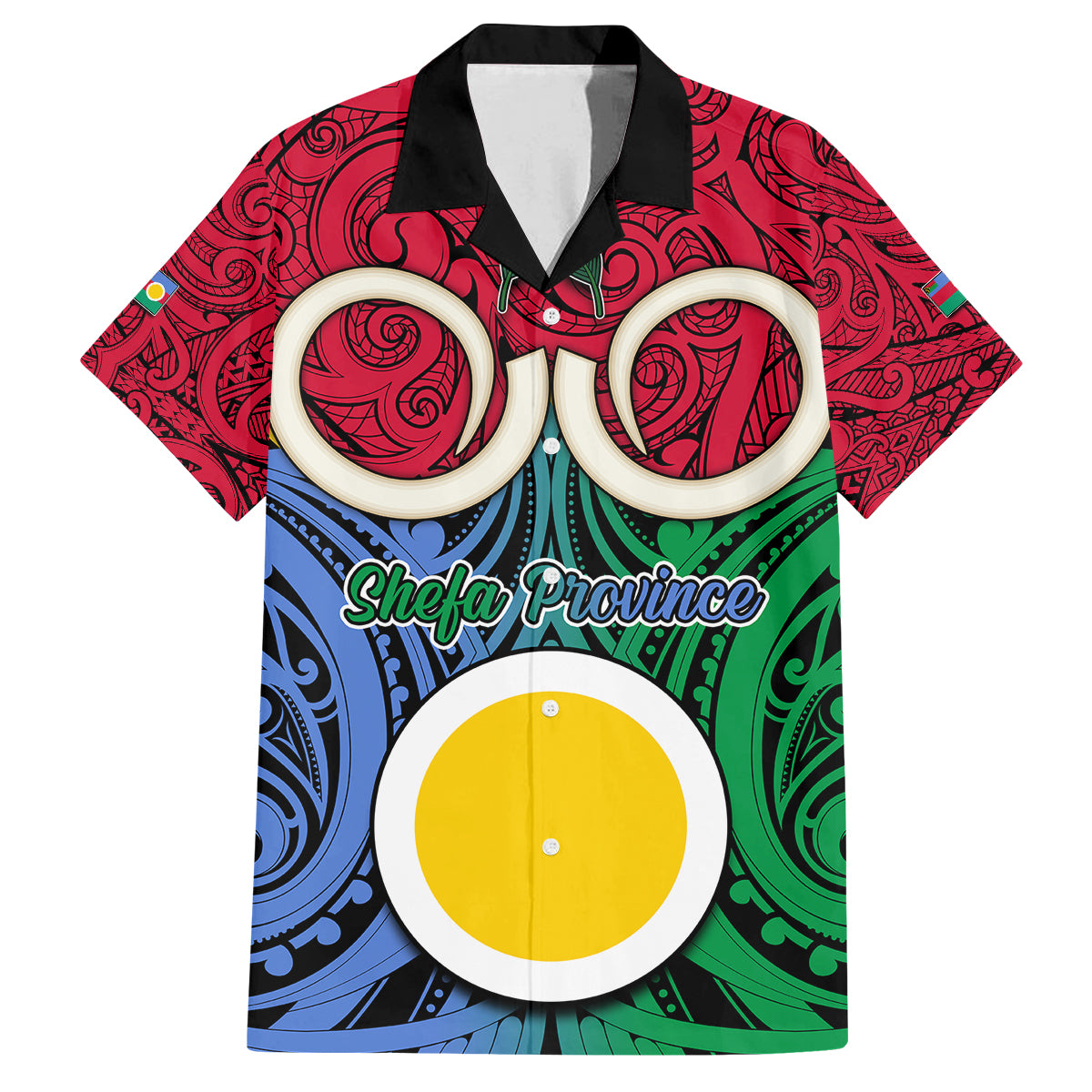 Vanuatu Shefa Province Family Matching Off Shoulder Maxi Dress and Hawaiian Shirt Pig Tusk Mix Maori Pattern and Namele Leaf LT03 Dad's Shirt - Short Sleeve Red - Polynesian Pride