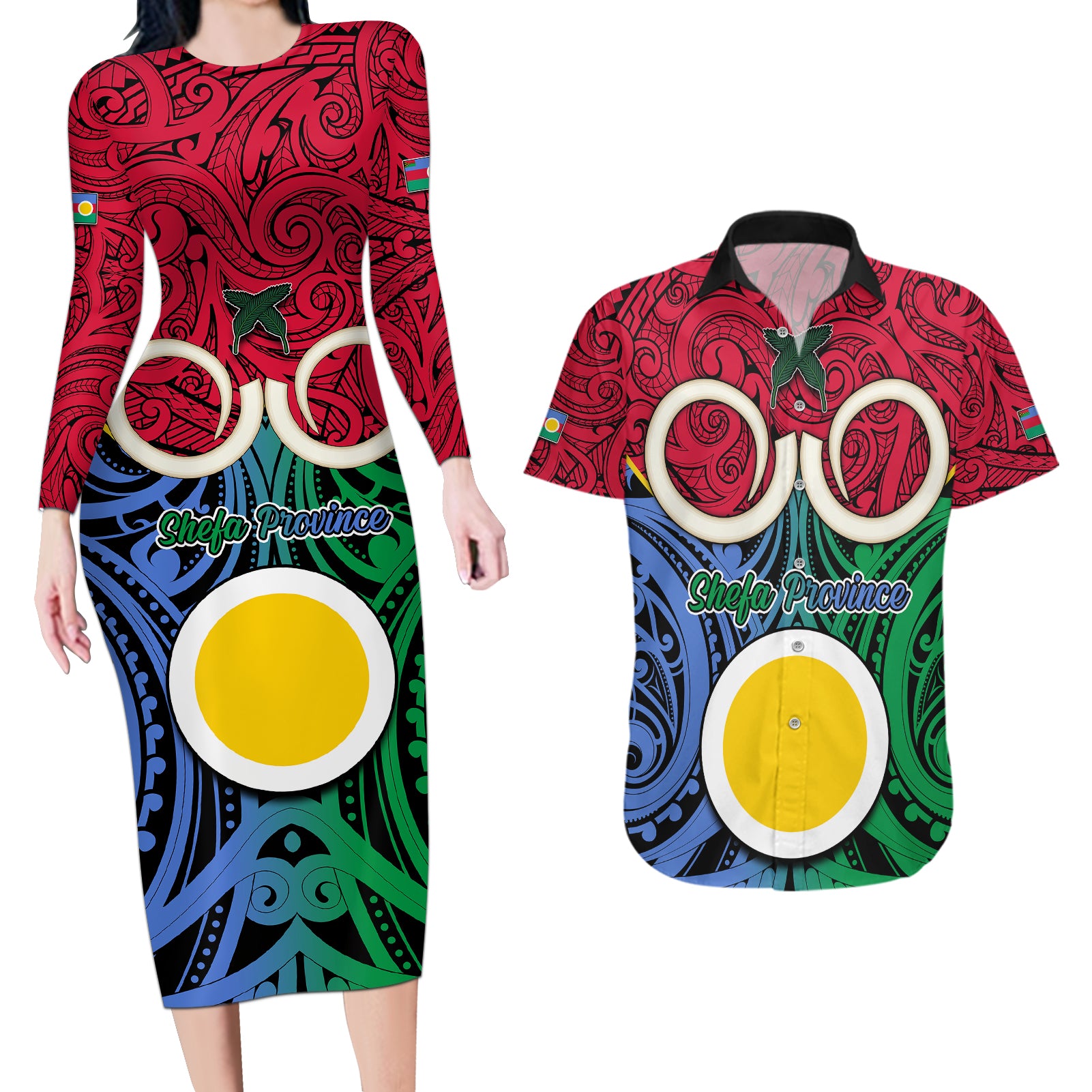 Personalised Vanuatu Shefa Province Couples Matching Long Sleeve Bodycon Dress and Hawaiian Shirt Pig Tusk Mix Maori Pattern and Namele Leaf LT03 Red - Polynesian Pride