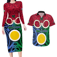 Personalised Vanuatu Shefa Province Couples Matching Long Sleeve Bodycon Dress and Hawaiian Shirt Pig Tusk Mix Maori Pattern and Namele Leaf LT03 Red - Polynesian Pride