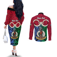 Personalised Vanuatu Shefa Province Couples Matching Off The Shoulder Long Sleeve Dress and Long Sleeve Button Shirts Pig Tusk Mix Maori Pattern and Namele Leaf LT03 - Polynesian Pride