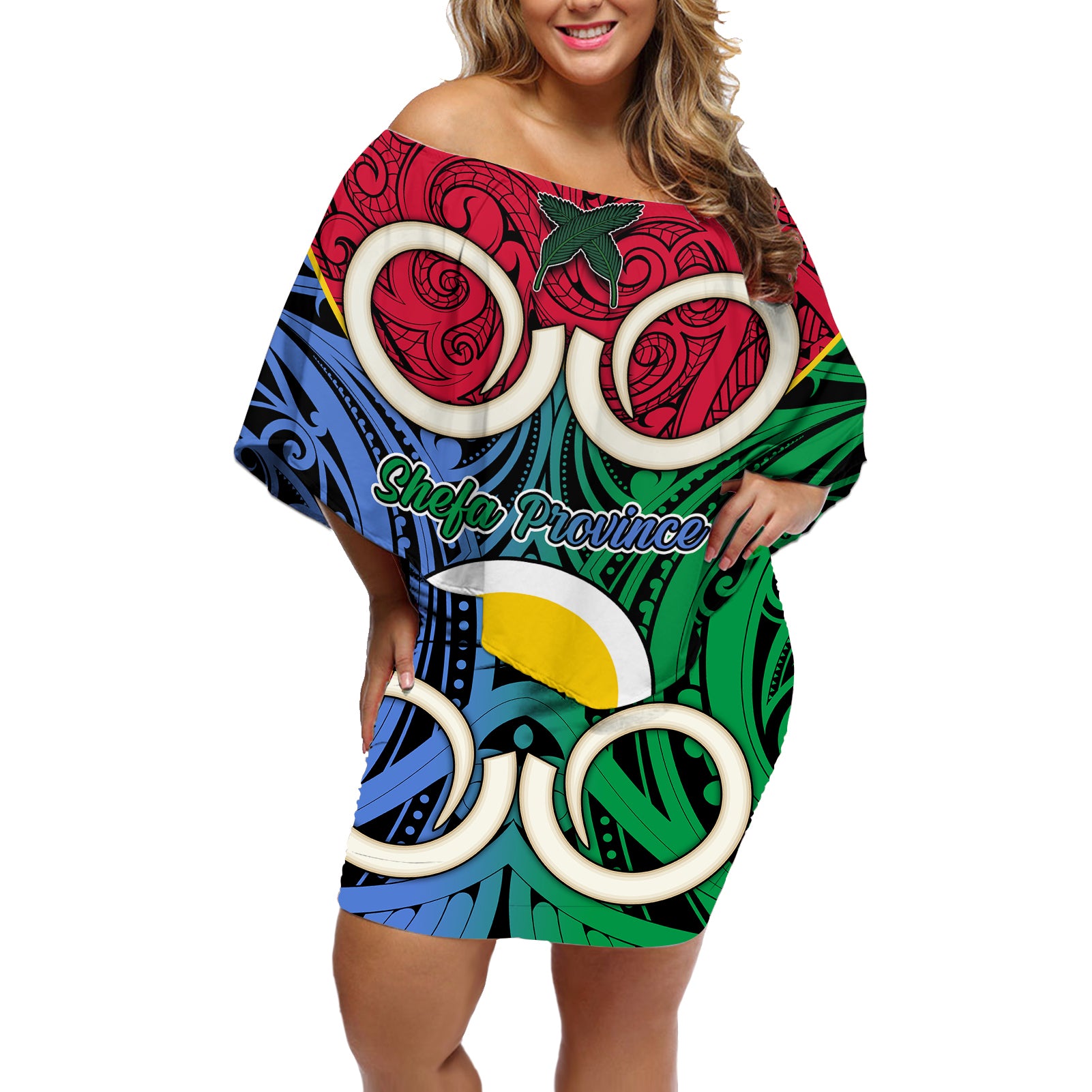 Personalised Vanuatu Shefa Province Off Shoulder Short Dress Pig Tusk Mix Maori Pattern and Namele Leaf LT03 Women Red - Polynesian Pride