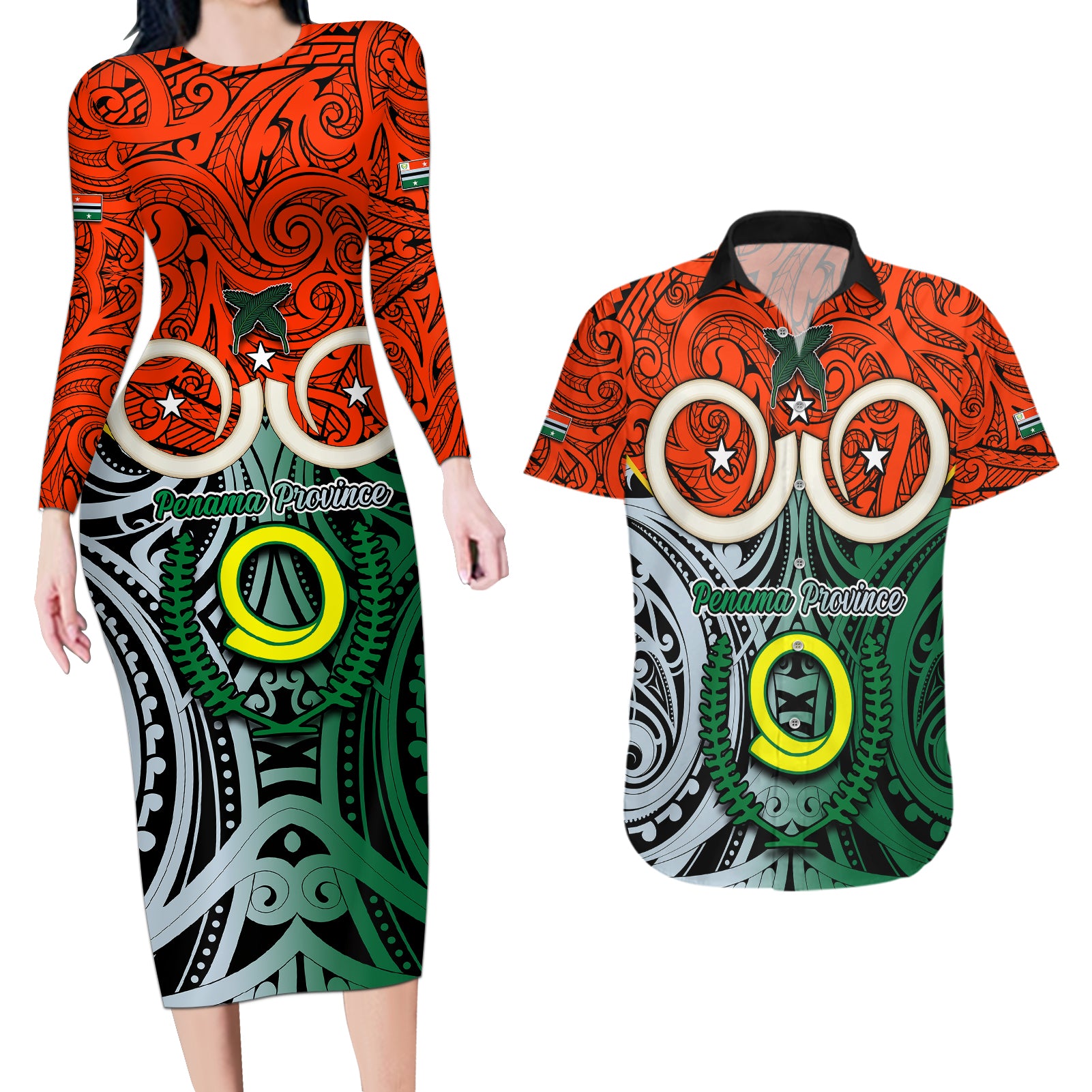 Vanuatu Penama Province Couples Matching Long Sleeve Bodycon Dress and Hawaiian Shirt Pig Tusk Mix Maori Pattern and Namele Leaf LT03 Orange - Polynesian Pride