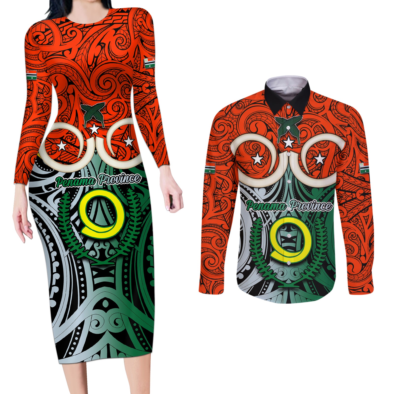 Vanuatu Penama Province Couples Matching Long Sleeve Bodycon Dress and Long Sleeve Button Shirts Pig Tusk Mix Maori Pattern and Namele Leaf LT03 Orange - Polynesian Pride