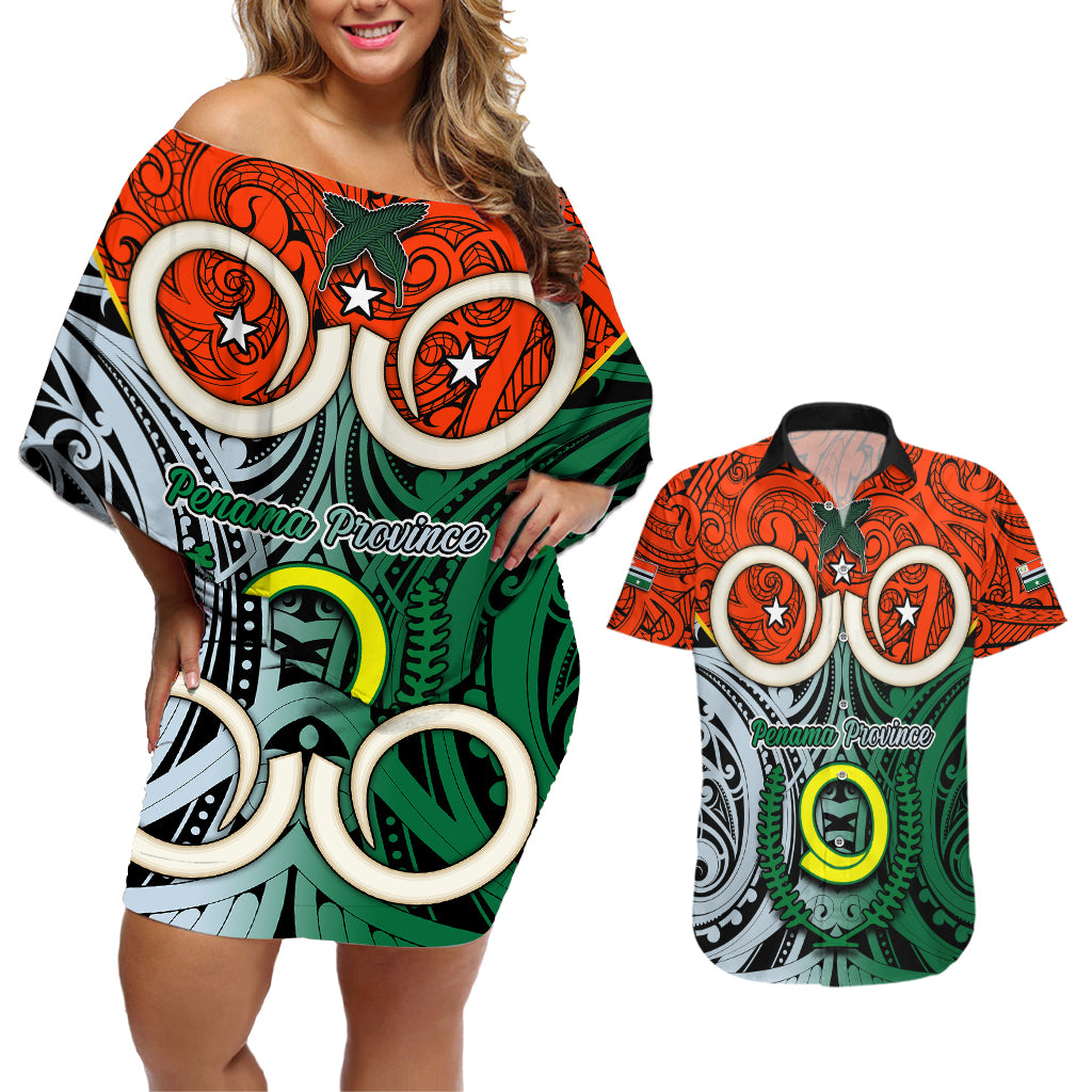 Vanuatu Penama Province Couples Matching Off Shoulder Short Dress and Hawaiian Shirt Pig Tusk Mix Maori Pattern and Namele Leaf LT03 Orange - Polynesian Pride