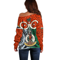 Vanuatu Penama Province Off Shoulder Sweater Pig Tusk Mix Maori Pattern and Namele Leaf LT03 - Polynesian Pride