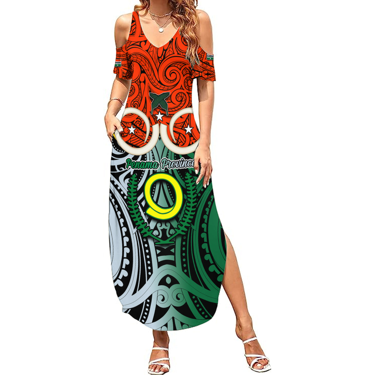 Vanuatu Penama Province Summer Maxi Dress Pig Tusk Mix Maori Pattern and Namele Leaf LT03 Women Orange - Polynesian Pride