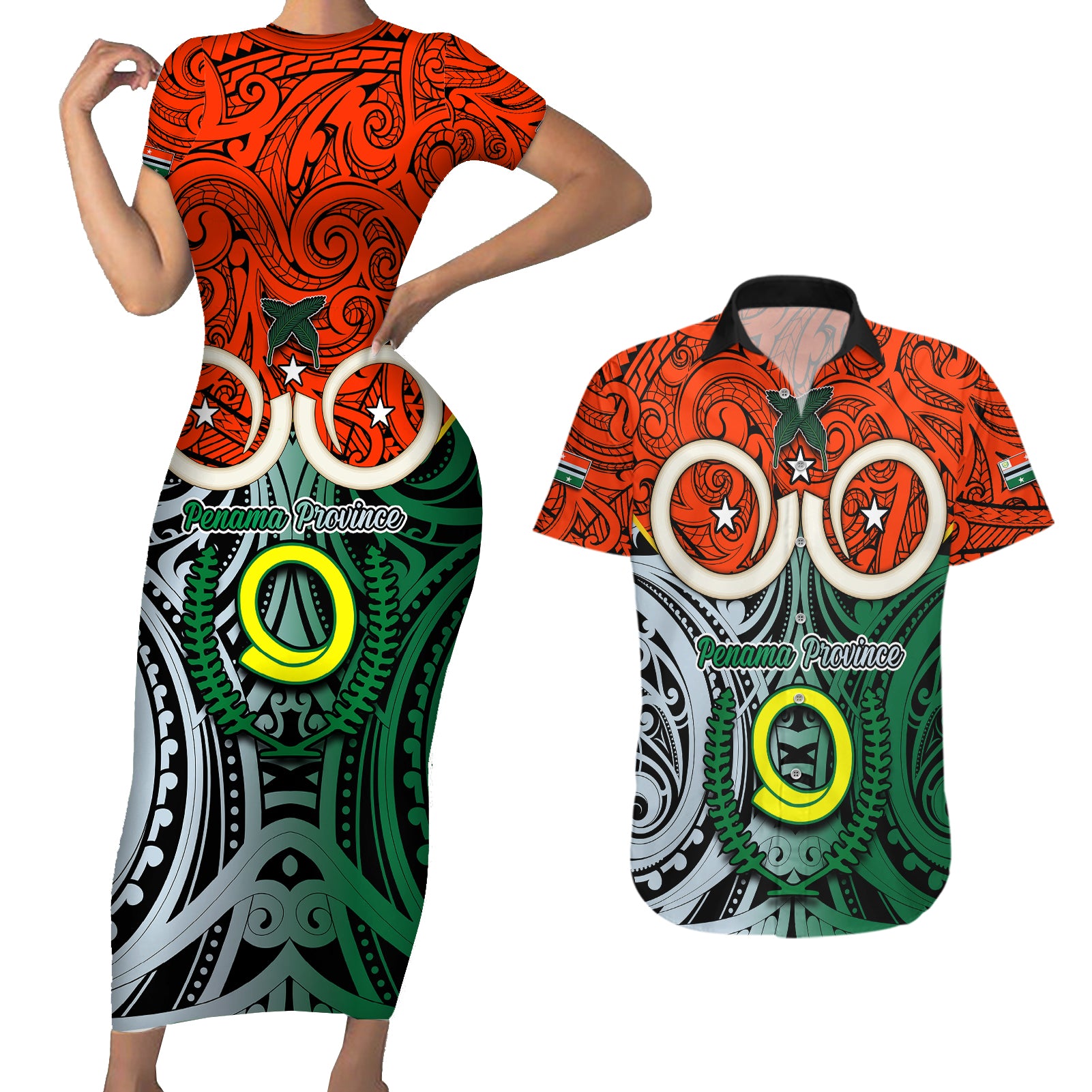 Personalised Vanuatu Penama Province Couples Matching Short Sleeve Bodycon Dress and Hawaiian Shirt Pig Tusk Mix Maori Pattern and Namele Leaf LT03 Orange - Polynesian Pride