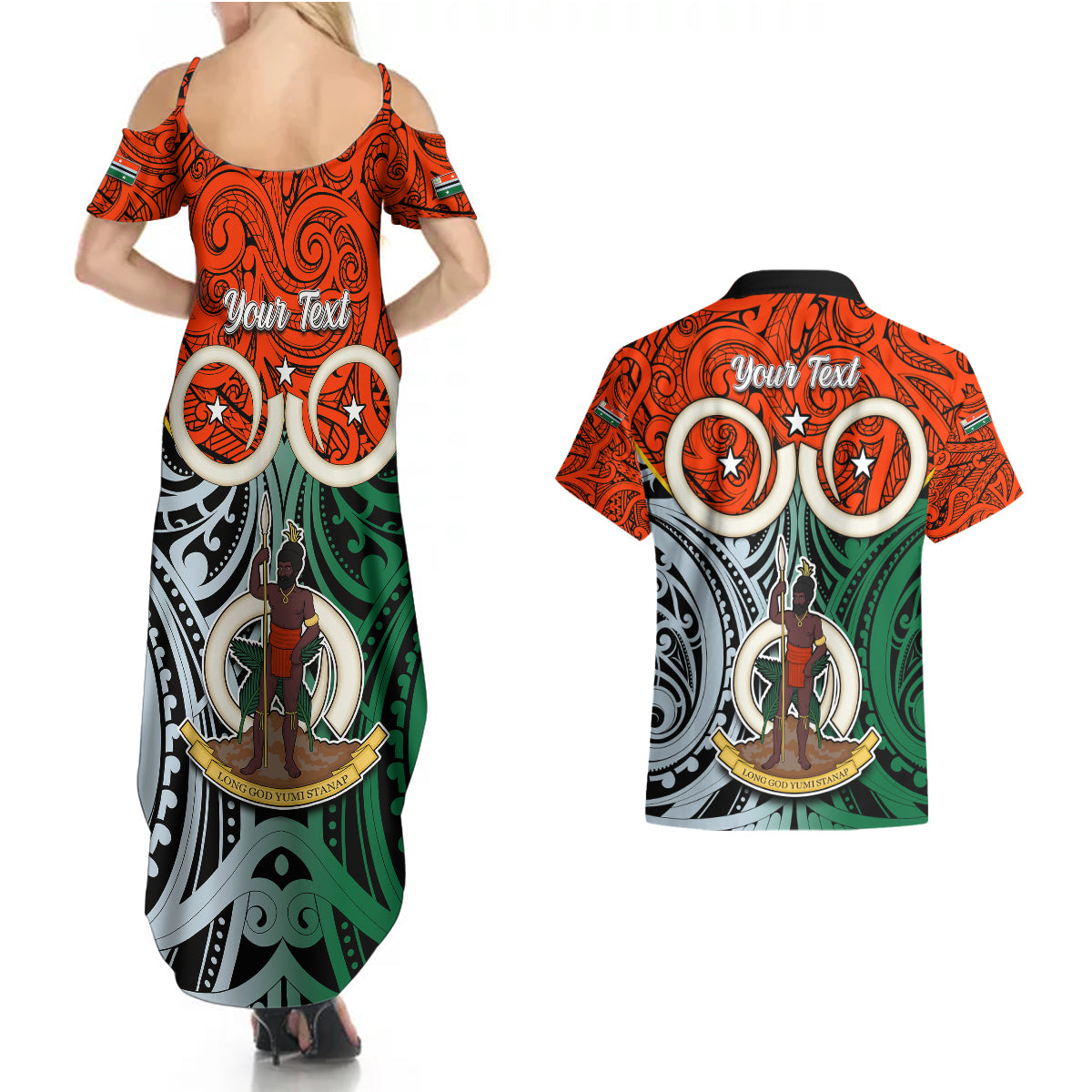 Personalised Vanuatu Penama Province Couples Matching Summer Maxi Dress and Hawaiian Shirt Pig Tusk Mix Maori Pattern and Namele Leaf LT03 - Polynesian Pride