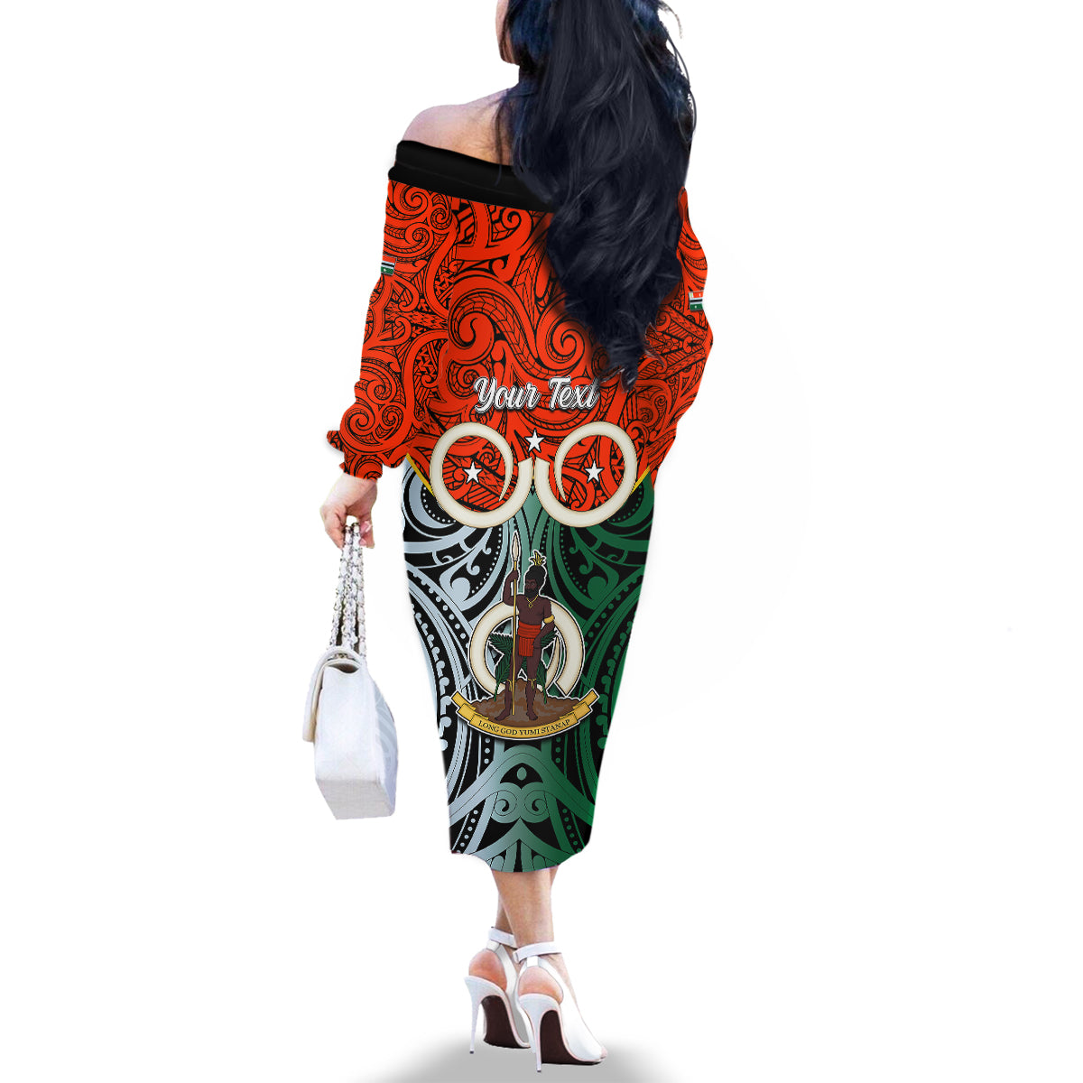 Personalised Vanuatu Penama Province Family Matching Off Shoulder Long Sleeve Dress and Hawaiian Shirt Pig Tusk Mix Maori Pattern and Namele Leaf LT03 - Polynesian Pride