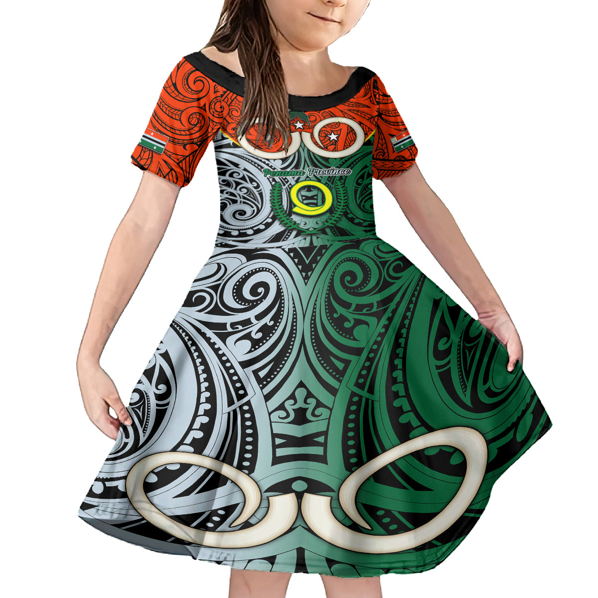 Personalised Vanuatu Penama Province Family Matching Off Shoulder Short Dress and Hawaiian Shirt Pig Tusk Mix Maori Pattern and Namele Leaf LT03 Daughter's Dress Orange - Polynesian Pride