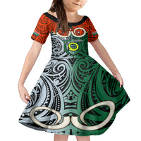 Personalised Vanuatu Penama Province Family Matching Puletasi Dress and Hawaiian Shirt Pig Tusk Mix Maori Pattern and Namele Leaf LT03 Daughter's Dress Orange - Polynesian Pride