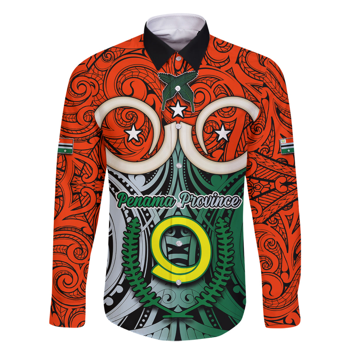 Personalised Vanuatu Penama Province Family Matching Puletasi Dress and Hawaiian Shirt Pig Tusk Mix Maori Pattern and Namele Leaf LT03 Dad's Shirt - Long Sleeve Orange - Polynesian Pride