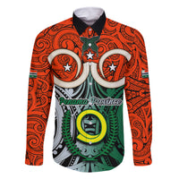Personalised Vanuatu Penama Province Family Matching Puletasi Dress and Hawaiian Shirt Pig Tusk Mix Maori Pattern and Namele Leaf LT03 Dad's Shirt - Long Sleeve Orange - Polynesian Pride