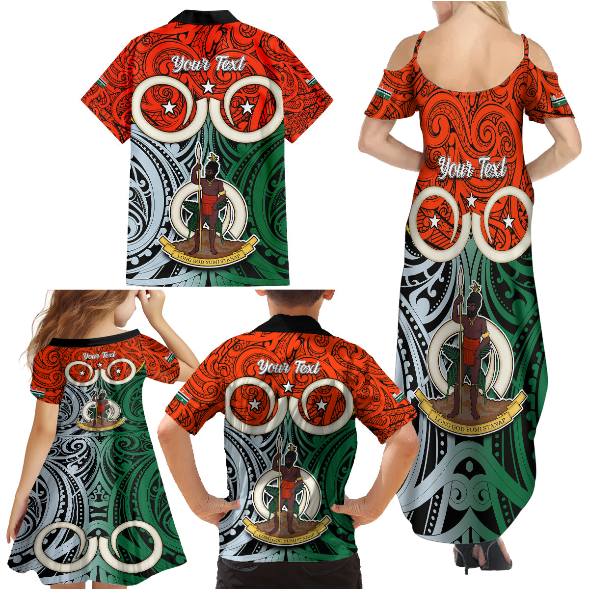 Personalised Vanuatu Penama Province Family Matching Summer Maxi Dress and Hawaiian Shirt Pig Tusk Mix Maori Pattern and Namele Leaf LT03 - Polynesian Pride