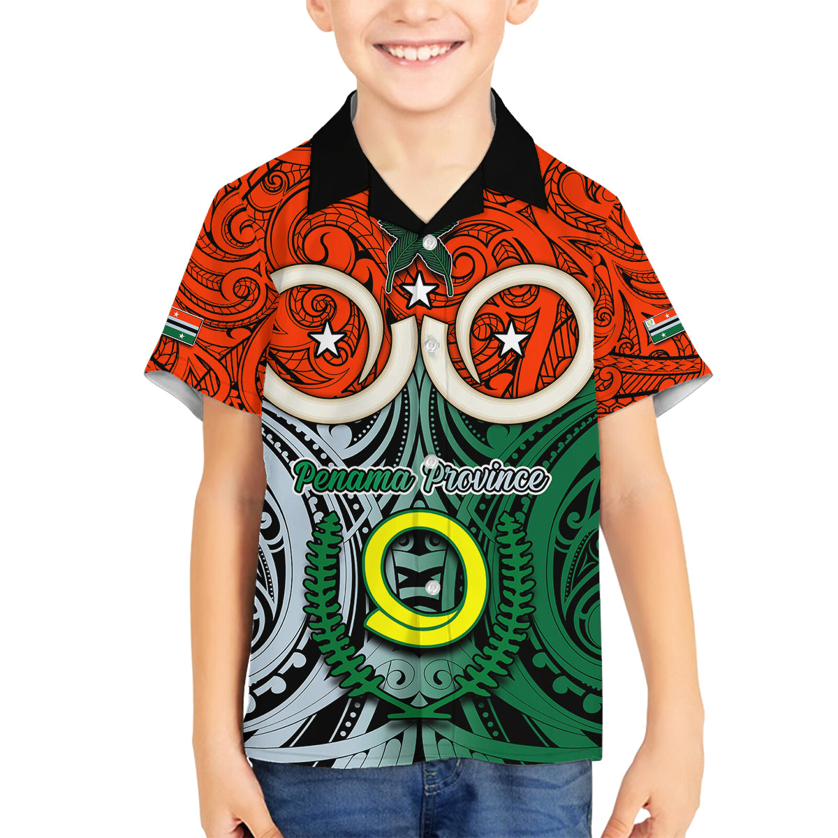 Personalised Vanuatu Penama Province Family Matching Tank Maxi Dress and Hawaiian Shirt Pig Tusk Mix Maori Pattern and Namele Leaf LT03 Son's Shirt Orange - Polynesian Pride