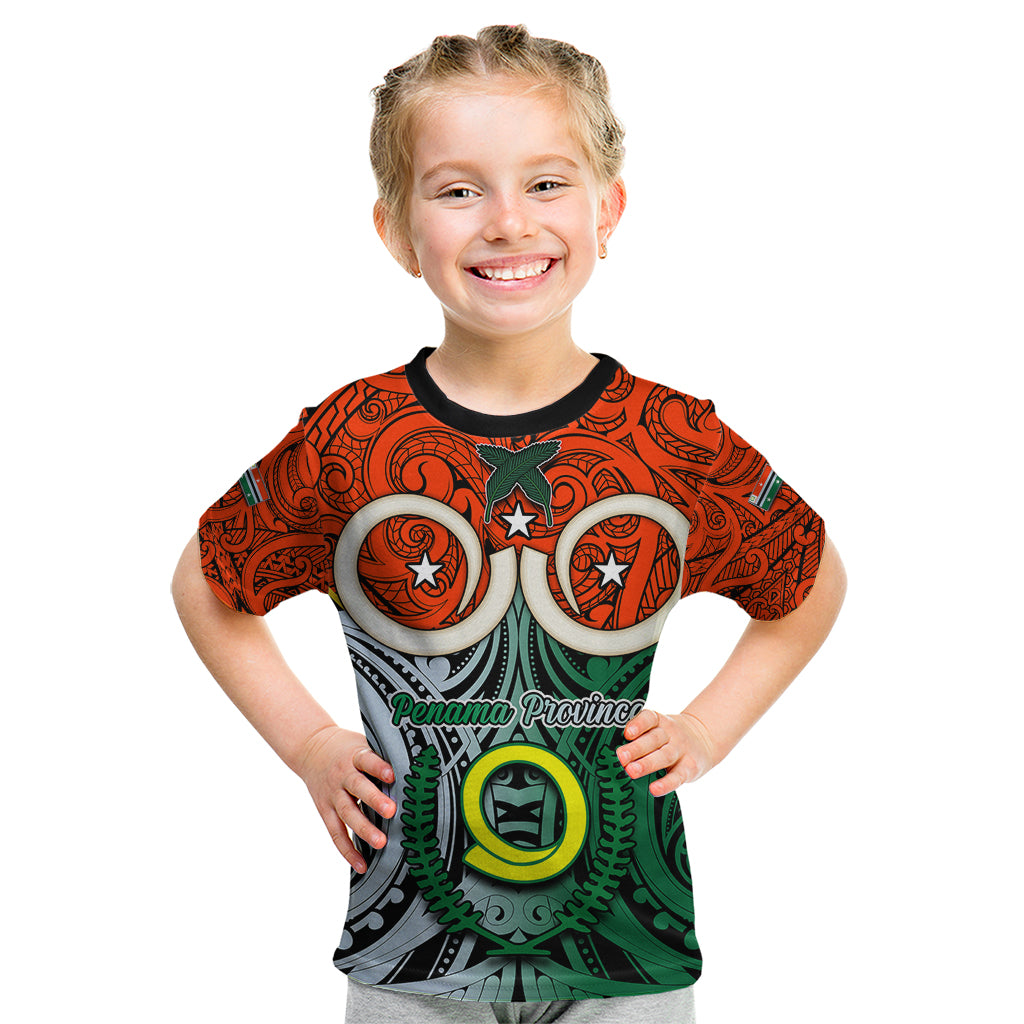 Personalised Vanuatu Penama Province Kid T Shirt Pig Tusk Mix Maori Pattern and Namele Leaf LT03 Orange - Polynesian Pride