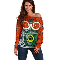 Personalised Vanuatu Penama Province Off Shoulder Sweater Pig Tusk Mix Maori Pattern and Namele Leaf LT03 Women Orange - Polynesian Pride