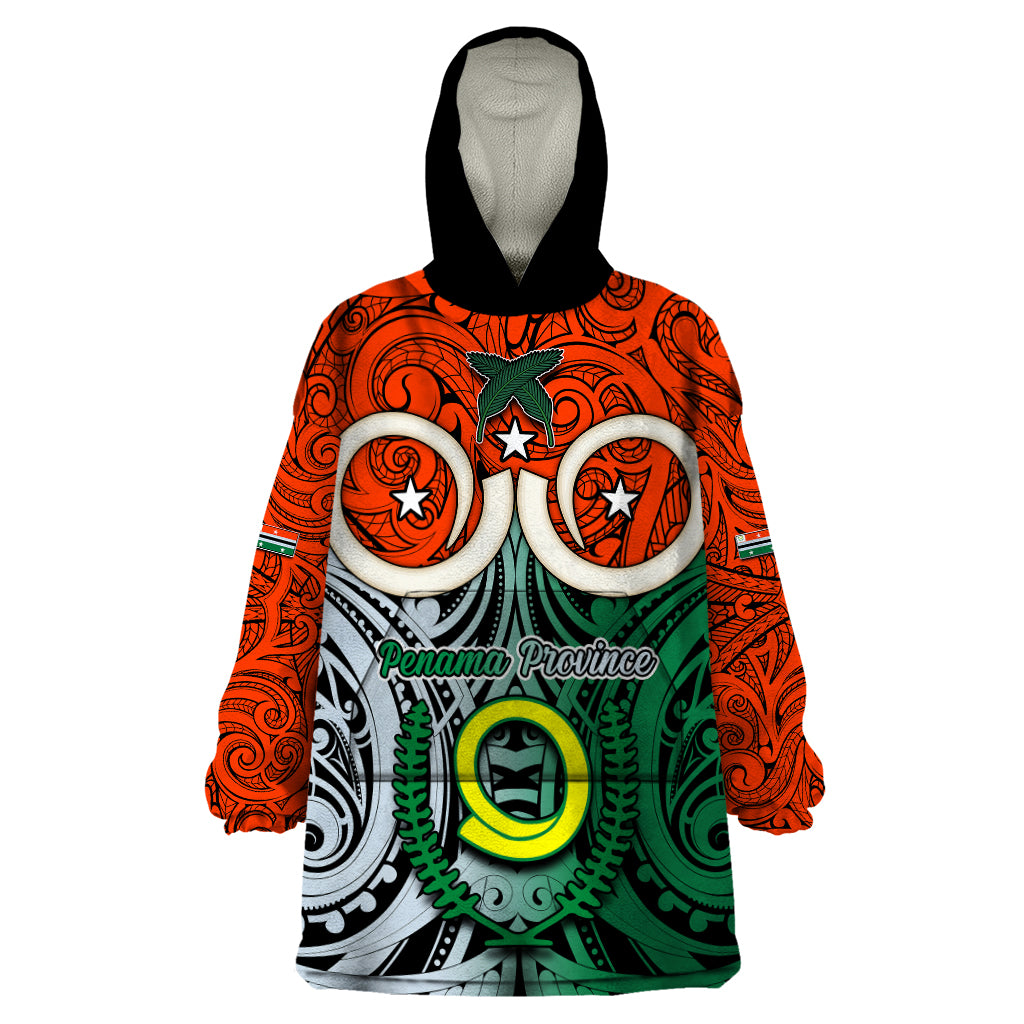 Personalised Vanuatu Penama Province Wearable Blanket Hoodie Pig Tusk Mix Maori Pattern and Namele Leaf LT03 One Size Orange - Polynesian Pride