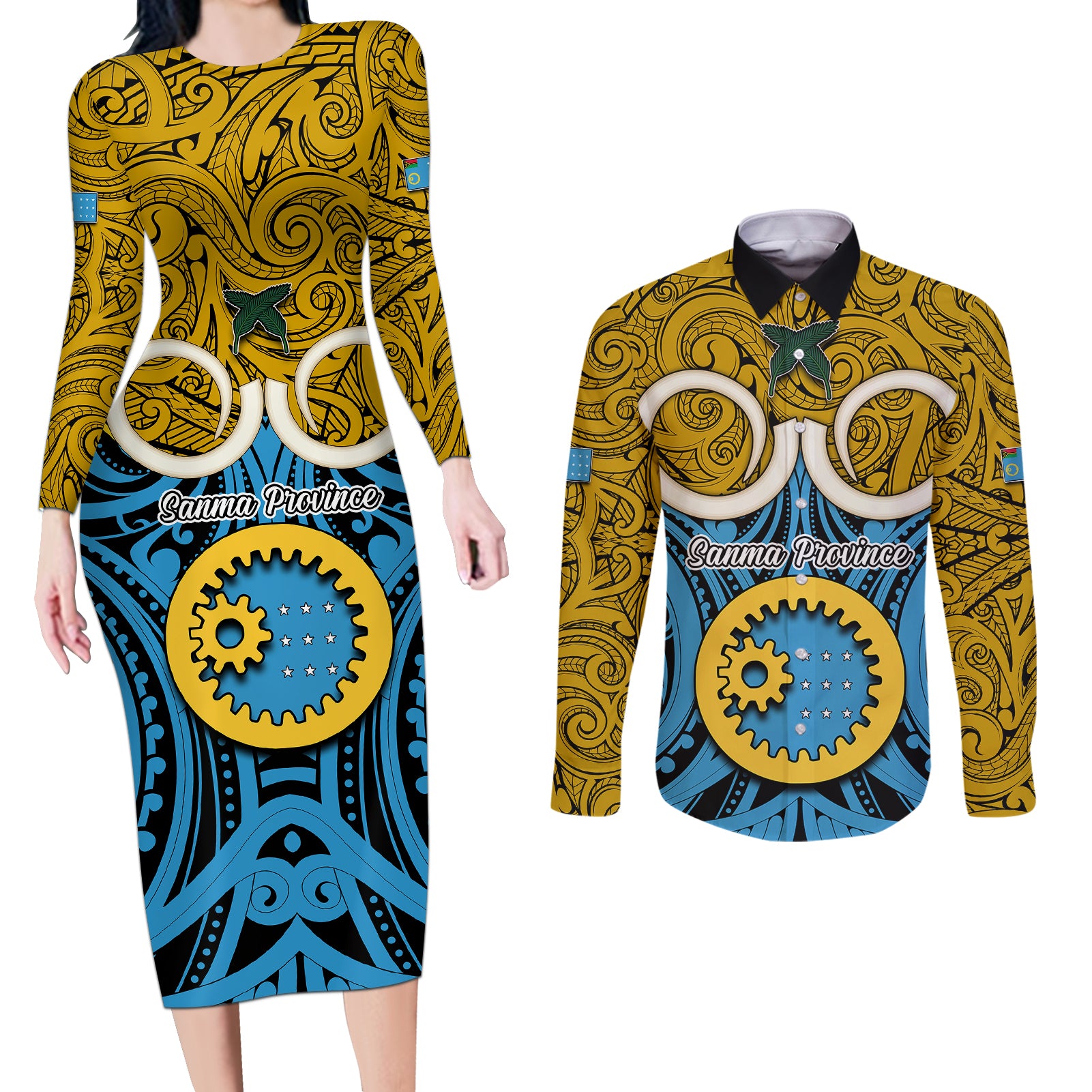 Vanuatu Sanma Province Couples Matching Long Sleeve Bodycon Dress and Long Sleeve Button Shirts Pig Tusk Mix Maori Pattern and Namele Leaf LT03 Blue - Polynesian Pride