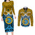 Vanuatu Sanma Province Couples Matching Long Sleeve Bodycon Dress and Long Sleeve Button Shirts Pig Tusk Mix Maori Pattern and Namele Leaf LT03 Blue - Polynesian Pride