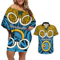 Vanuatu Sanma Province Couples Matching Off Shoulder Short Dress and Hawaiian Shirt Pig Tusk Mix Maori Pattern and Namele Leaf LT03 Blue - Polynesian Pride