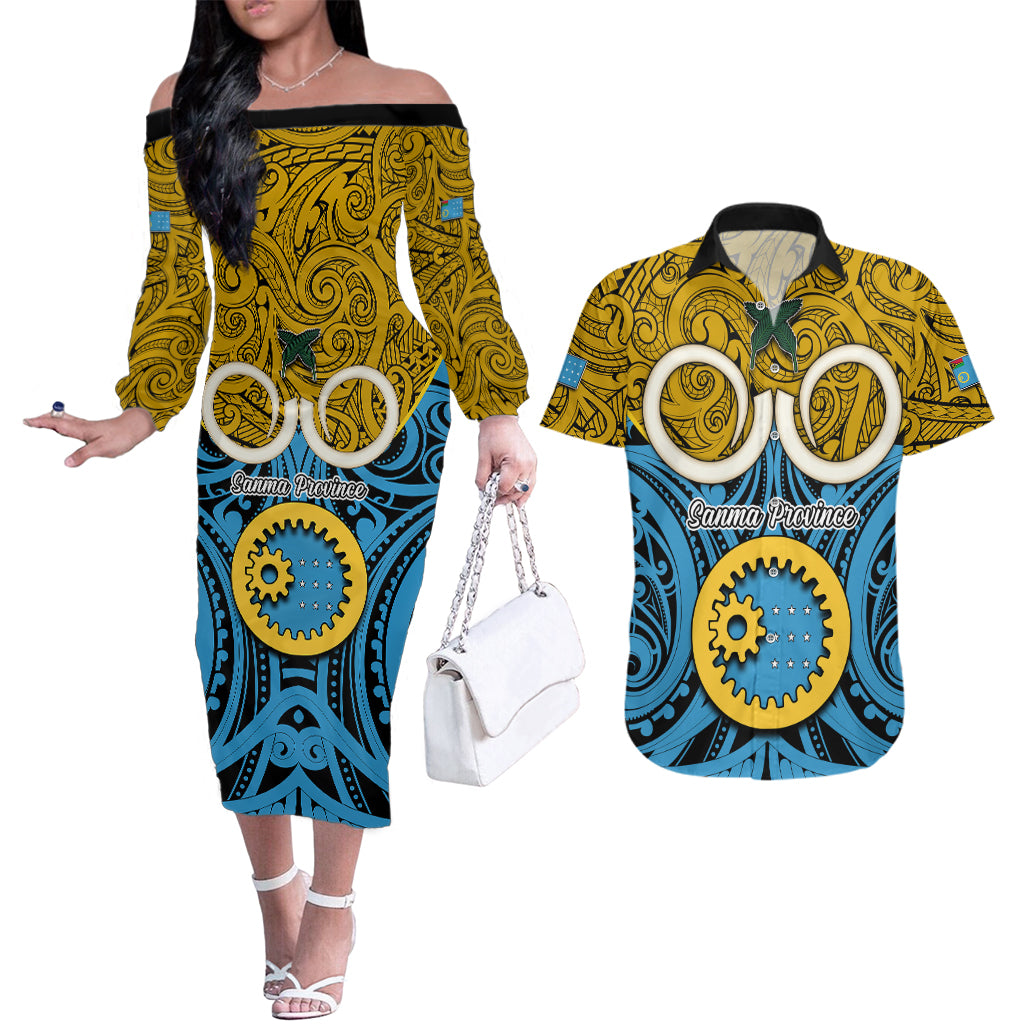 Vanuatu Sanma Province Couples Matching Off The Shoulder Long Sleeve Dress and Hawaiian Shirt Pig Tusk Mix Maori Pattern and Namele Leaf LT03 Blue - Polynesian Pride