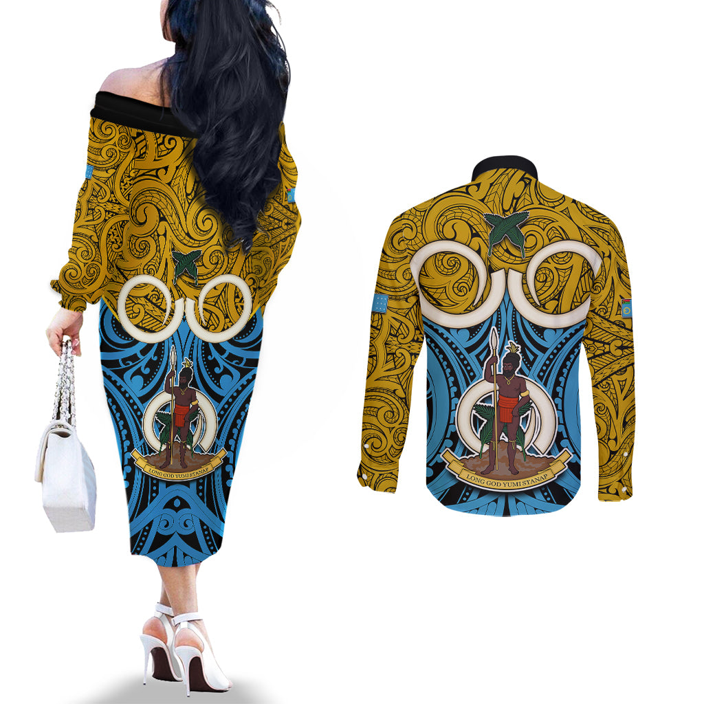 Vanuatu Sanma Province Couples Matching Off The Shoulder Long Sleeve Dress and Long Sleeve Button Shirts Pig Tusk Mix Maori Pattern and Namele Leaf LT03 - Polynesian Pride