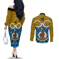 Vanuatu Sanma Province Couples Matching Off The Shoulder Long Sleeve Dress and Long Sleeve Button Shirts Pig Tusk Mix Maori Pattern and Namele Leaf LT03 - Polynesian Pride