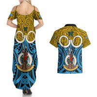Vanuatu Sanma Province Couples Matching Summer Maxi Dress and Hawaiian Shirt Pig Tusk Mix Maori Pattern and Namele Leaf LT03 - Polynesian Pride