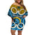 Vanuatu Sanma Province Family Matching Off Shoulder Short Dress and Hawaiian Shirt Pig Tusk Mix Maori Pattern and Namele Leaf LT03 Mom's Dress Blue - Polynesian Pride