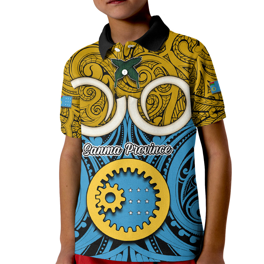 Vanuatu Sanma Province Kid Polo Shirt Pig Tusk Mix Maori Pattern and Namele Leaf LT03 Kid Blue - Polynesian Pride