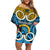 Vanuatu Sanma Province Off Shoulder Short Dress Pig Tusk Mix Maori Pattern and Namele Leaf LT03 Women Blue - Polynesian Pride