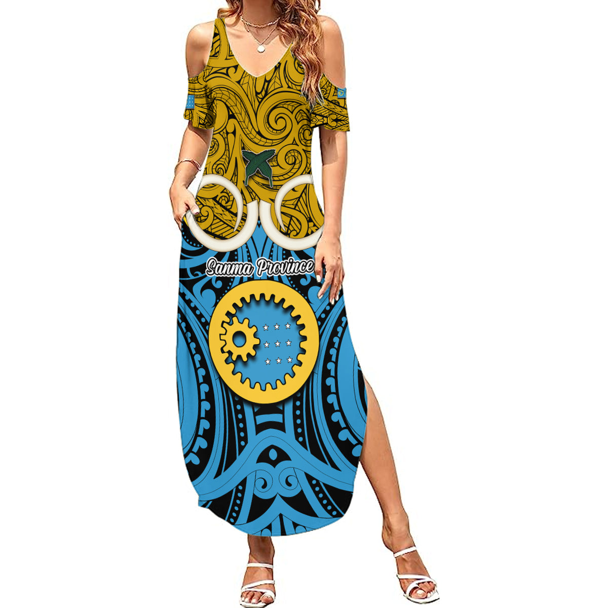 Vanuatu Sanma Province Summer Maxi Dress Pig Tusk Mix Maori Pattern and Namele Leaf LT03 Women Blue - Polynesian Pride