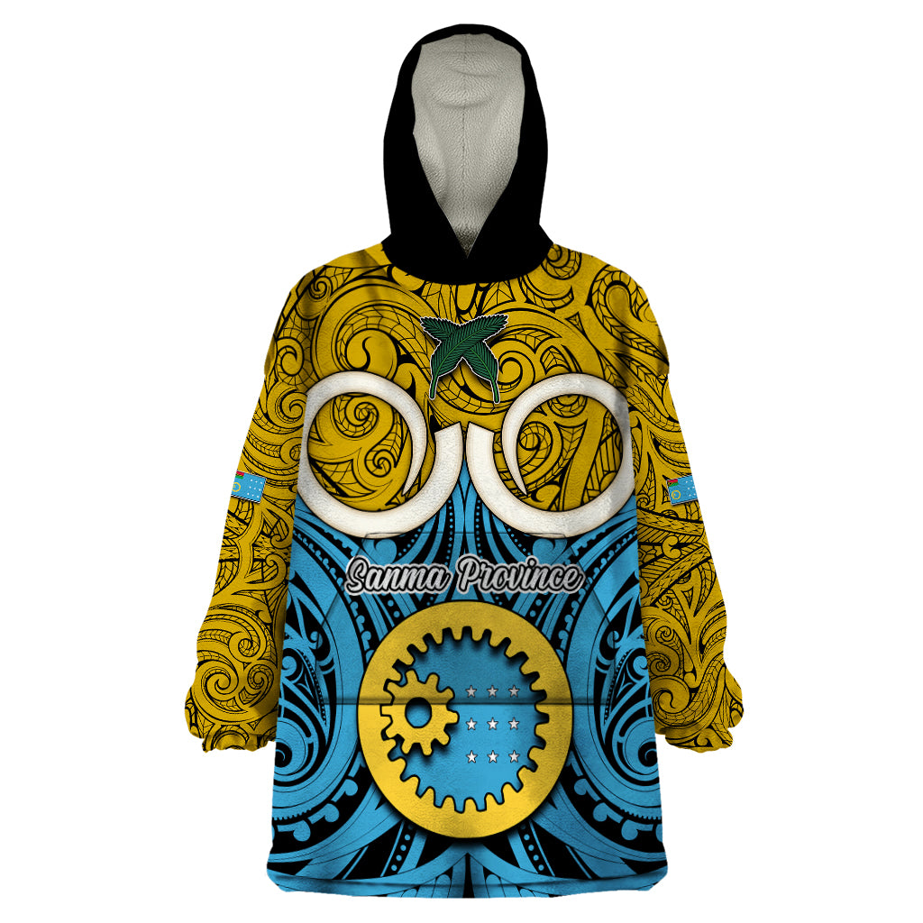 Vanuatu Sanma Province Wearable Blanket Hoodie Pig Tusk Mix Maori Pattern and Namele Leaf LT03 One Size Blue - Polynesian Pride