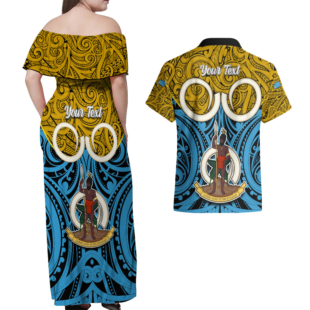 Personalised Vanuatu Sanma Province Couples Matching Off Shoulder Maxi Dress and Hawaiian Shirt Pig Tusk Mix Maori Pattern and Namele Leaf LT03 - Polynesian Pride