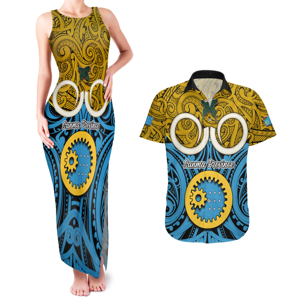 Personalised Vanuatu Sanma Province Couples Matching Tank Maxi Dress and Hawaiian Shirt Pig Tusk Mix Maori Pattern and Namele Leaf LT03 Blue - Polynesian Pride