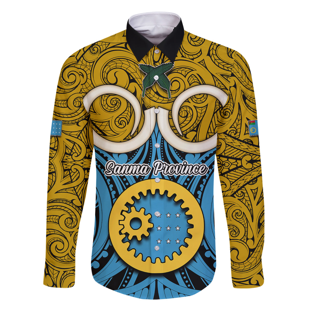 Personalised Vanuatu Sanma Province Family Matching Mermaid Dress and Hawaiian Shirt Pig Tusk Mix Maori Pattern and Namele Leaf LT03 Dad's Shirt - Long Sleeve Blue - Polynesian Pride