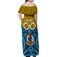Personalised Vanuatu Sanma Province Family Matching Off Shoulder Maxi Dress and Hawaiian Shirt Pig Tusk Mix Maori Pattern and Namele Leaf LT03 - Polynesian Pride