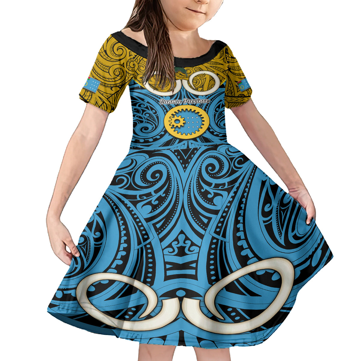 Personalised Vanuatu Sanma Province Kid Short Sleeve Dress Pig Tusk Mix Maori Pattern and Namele Leaf LT03 KID Blue - Polynesian Pride