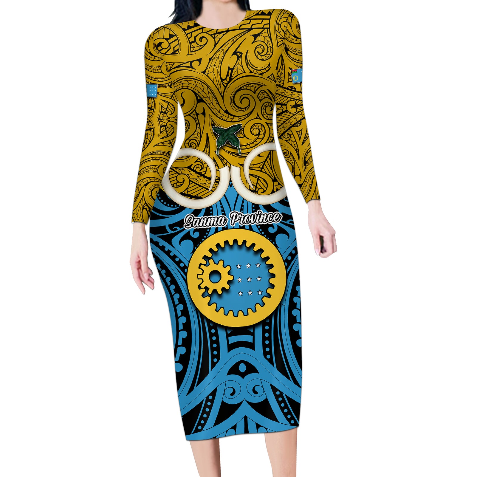 Personalised Vanuatu Sanma Province Long Sleeve Bodycon Dress Pig Tusk Mix Maori Pattern and Namele Leaf LT03 Long Dress Blue - Polynesian Pride