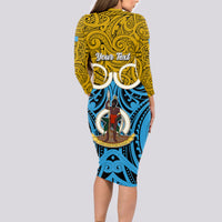 Personalised Vanuatu Sanma Province Long Sleeve Bodycon Dress Pig Tusk Mix Maori Pattern and Namele Leaf LT03 - Polynesian Pride