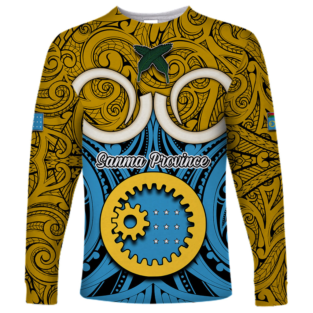 Personalised Vanuatu Sanma Province Long Sleeve Shirt Pig Tusk Mix Maori Pattern and Namele Leaf LT03 Unisex Blue - Polynesian Pride