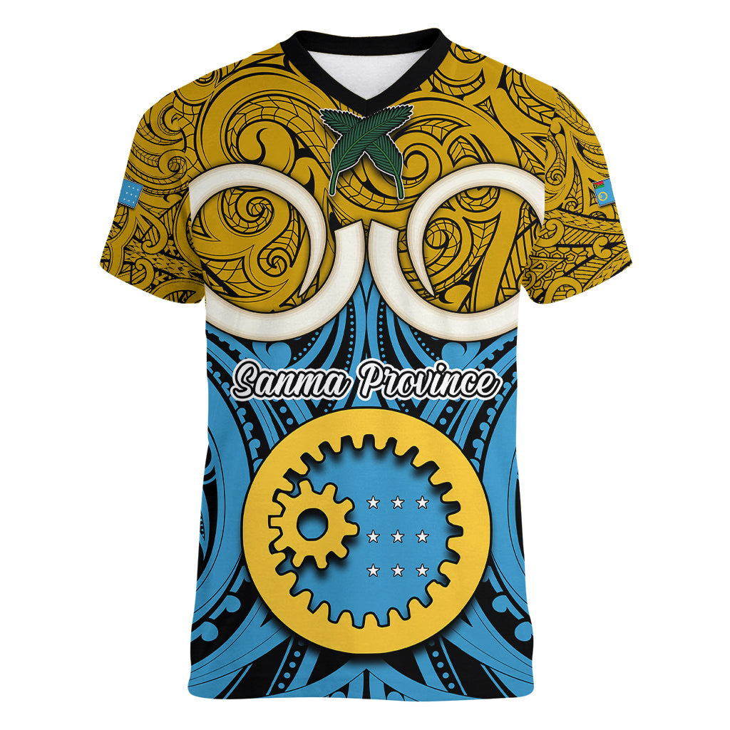 Personalised Vanuatu Sanma Province Women V Neck T Shirt Pig Tusk Mix Maori Pattern and Namele Leaf LT03 Female Blue - Polynesian Pride